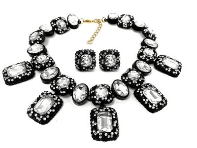 3teiliges Set Statement Halskette und Ohrclips Schwarz Gold mit Strass 50cm 3teiliges Set Statement Halskette und Ohrclips Schwarz Gold mit Strass 50cm
