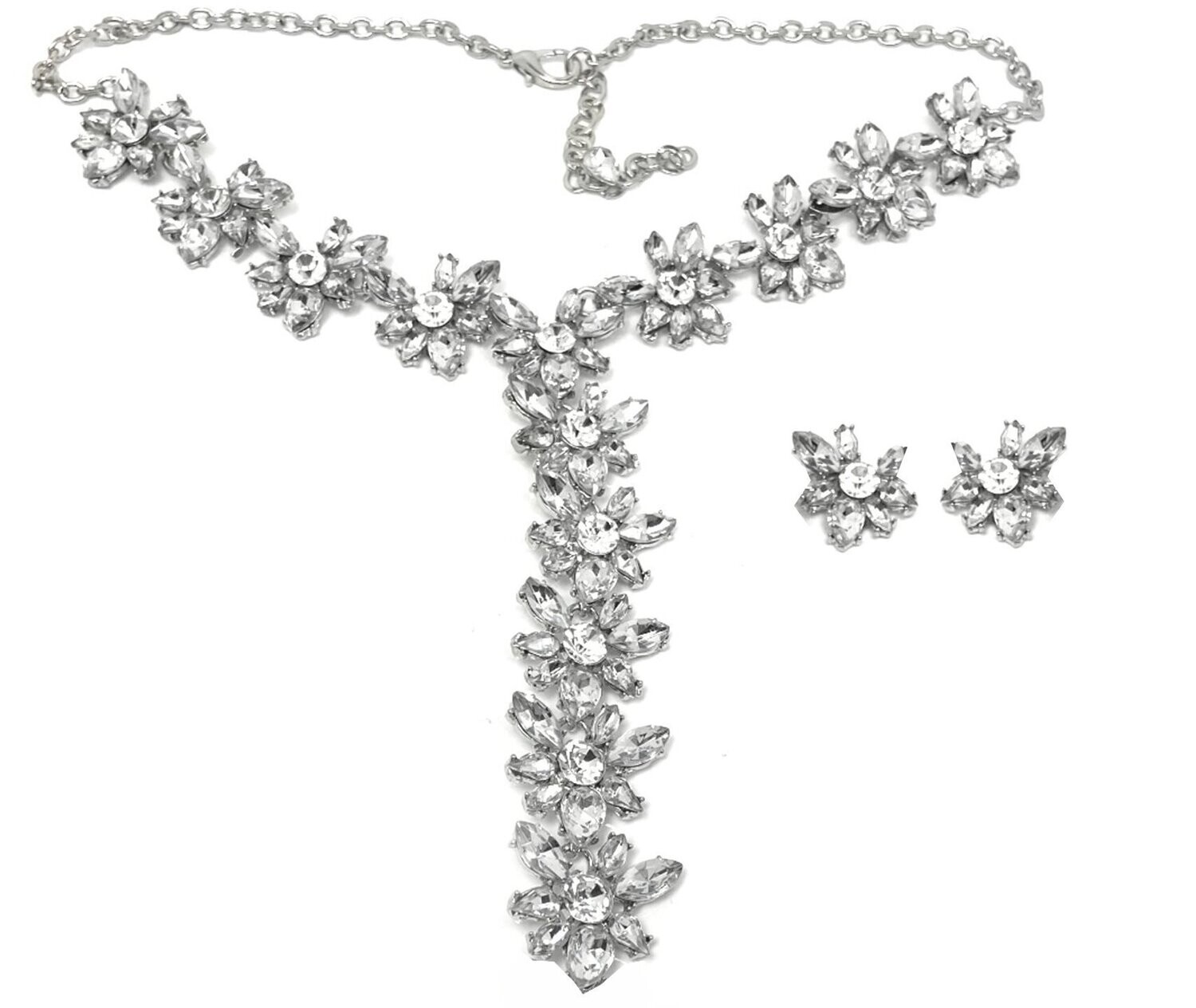 3teiliges Set Statement Halskette und Ohrclips Blüte mit klarem Strass 50cm