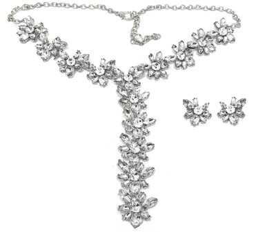 3teiliges Set Statement Halskette und Ohrclips Blüte mit klarem Strass 50cm 3teiliges Set Statement Halskette und Ohrclips Blüte mit klarem Strass 50cm