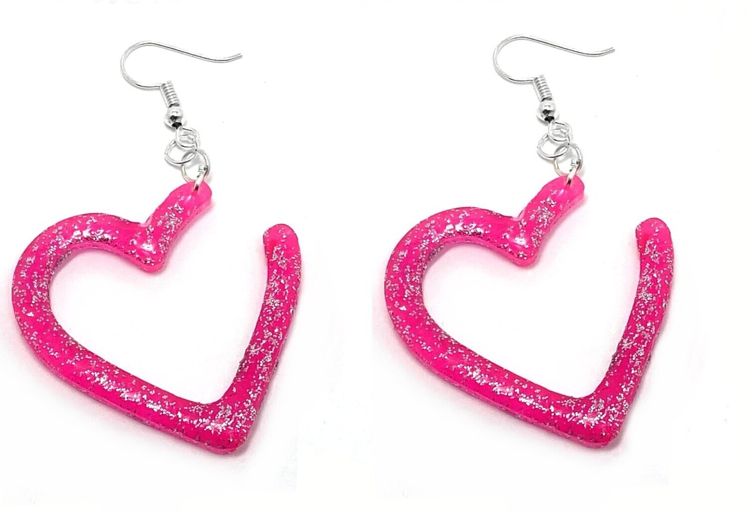 1 Paar Hänger Ohrringe in Neonfarben Herz mit silberfarbenem Glitzer 6,5cm lang