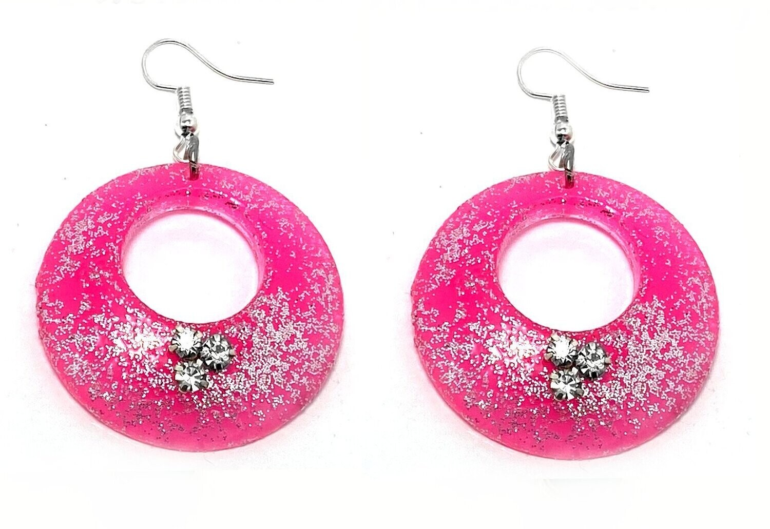 1 Paar Hänger Ohrringe in Neonfarben Rund mit Glitzer und Strass 6cm lang