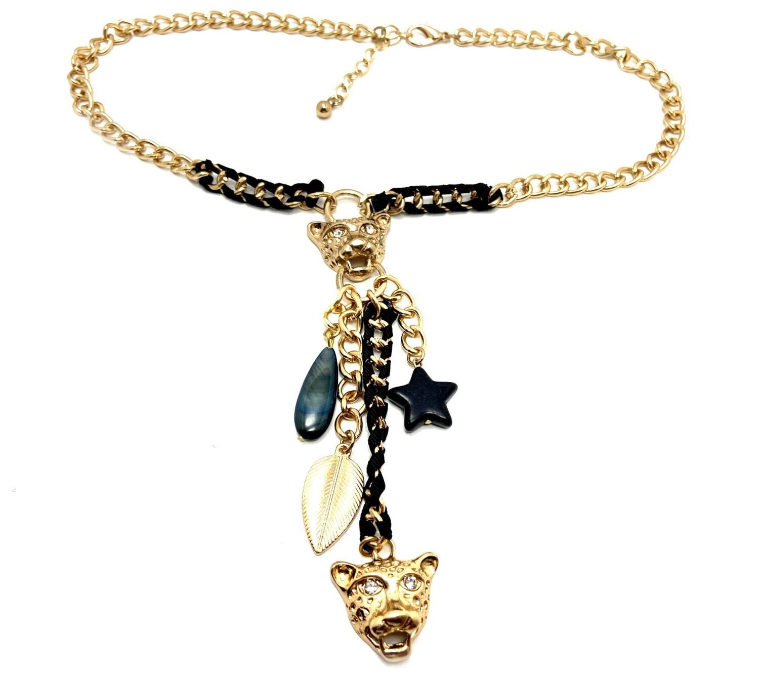 Modeschmuck Halskette mit Panther Leopardenkopf und Strass 50cm gold schwarz