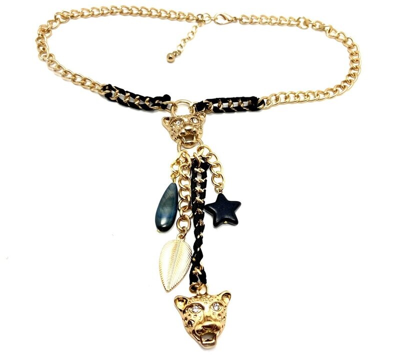 Modeschmuck Halskette mit Panther Leopardenkopf und Strass 50cm gold schwarz