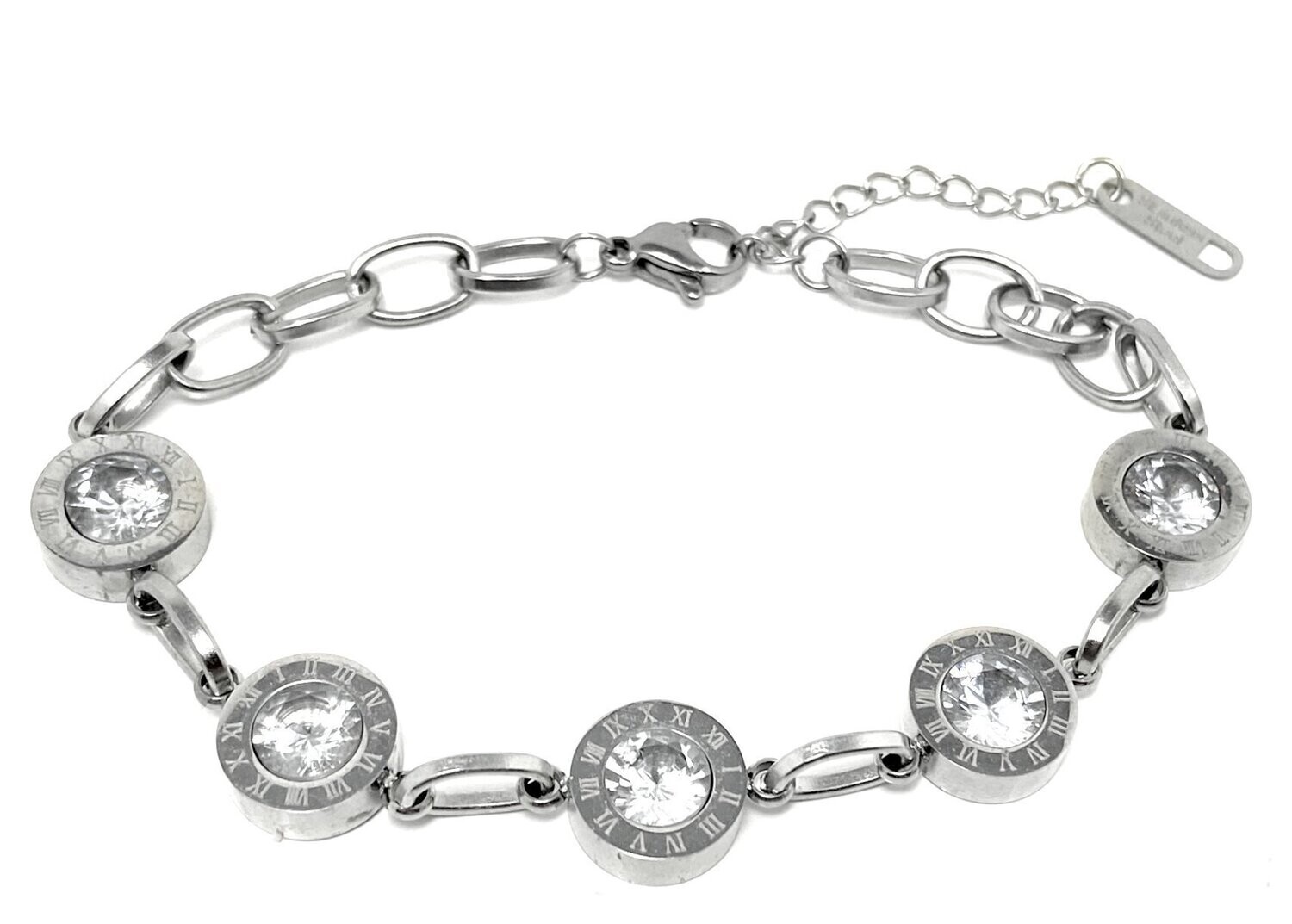 Edelstahl Armband Kreise mit Strass Kettchen Römische Zahlen Silber 18-21cm 1cm