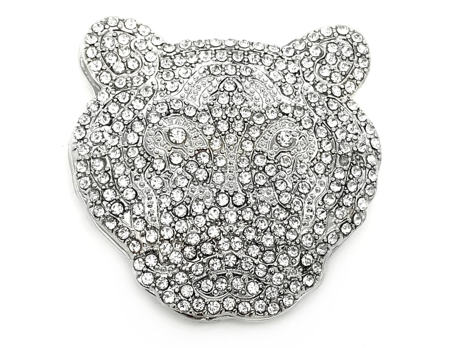 Brosche Schalclip Magnetclip Tigerkopf mit klarem Strass Silber 5cm
