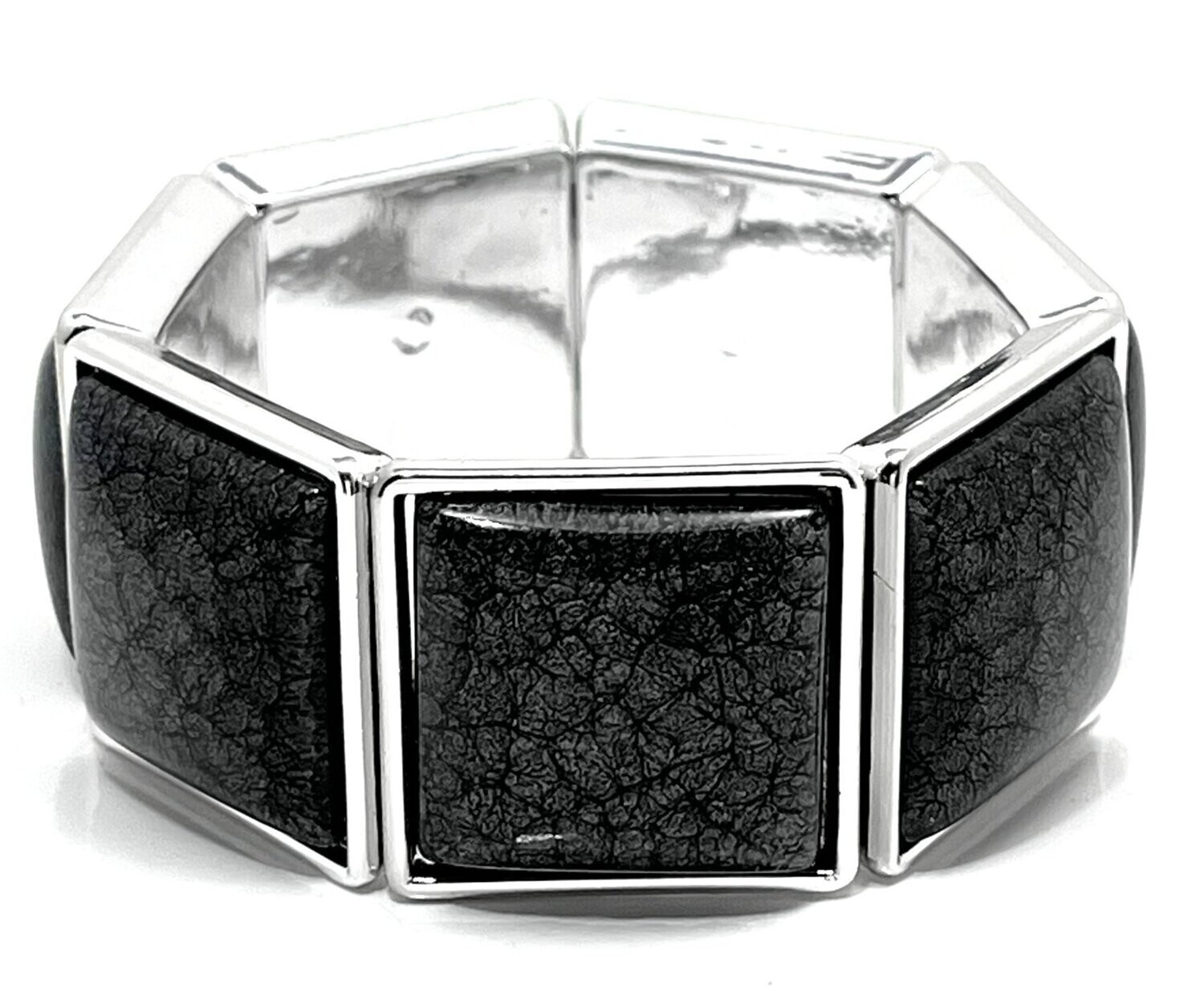 Strecharmband Kunststoff in silberfarben mit Schmucksteinlook Quadrat 3,5cm
