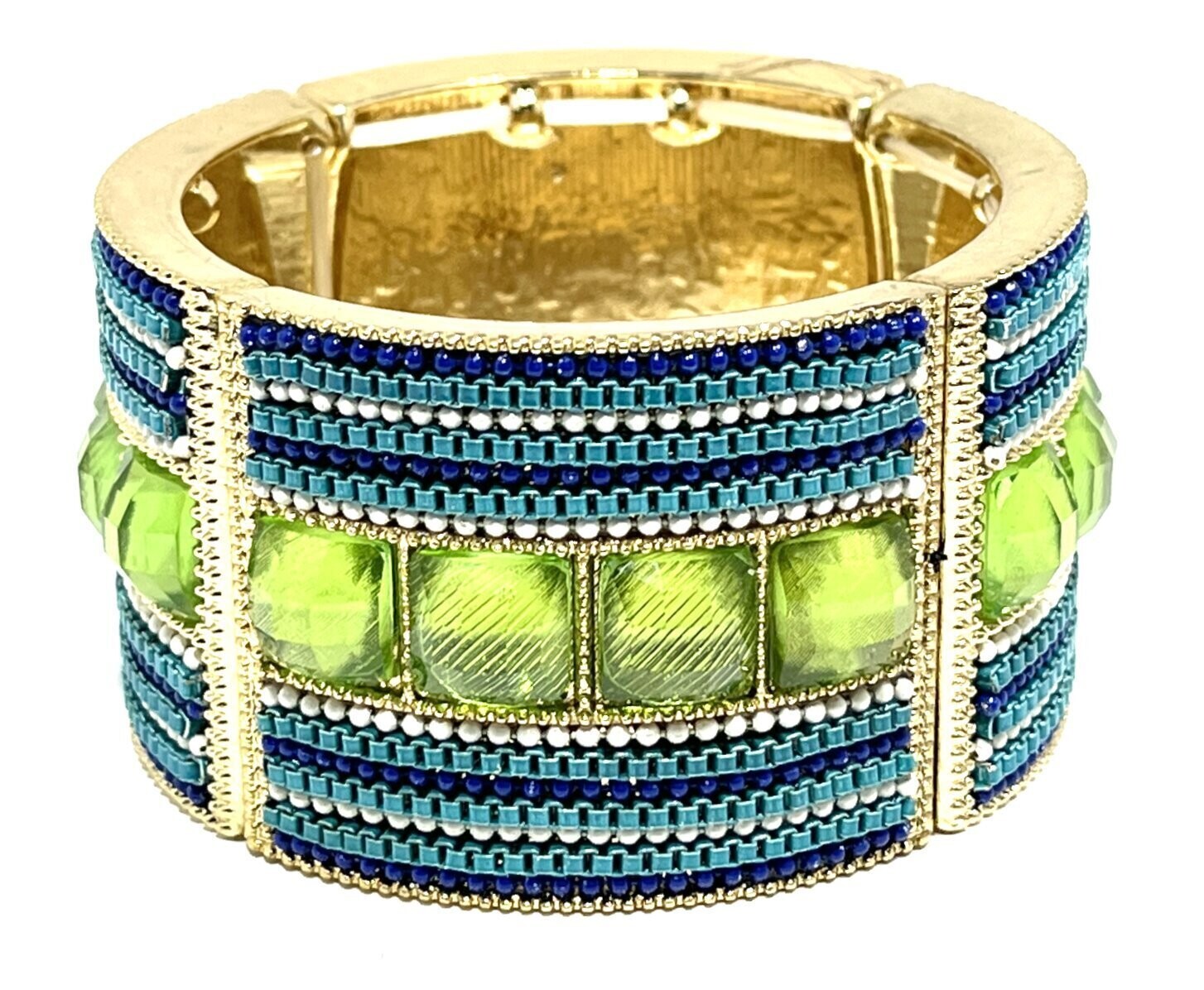 Strecharmband Metallelemente in goldfarben mit Schmuckstein und Perlen 4cm