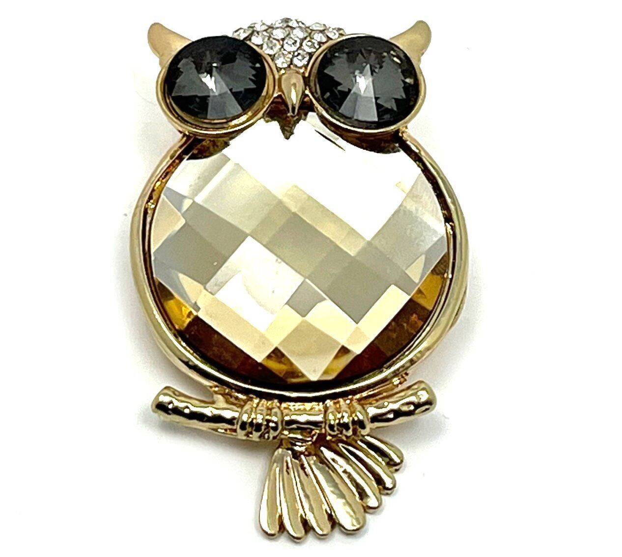 Brosche Anstecknadel Eule mit großem braunem Acrylstein und Strass 5cm
