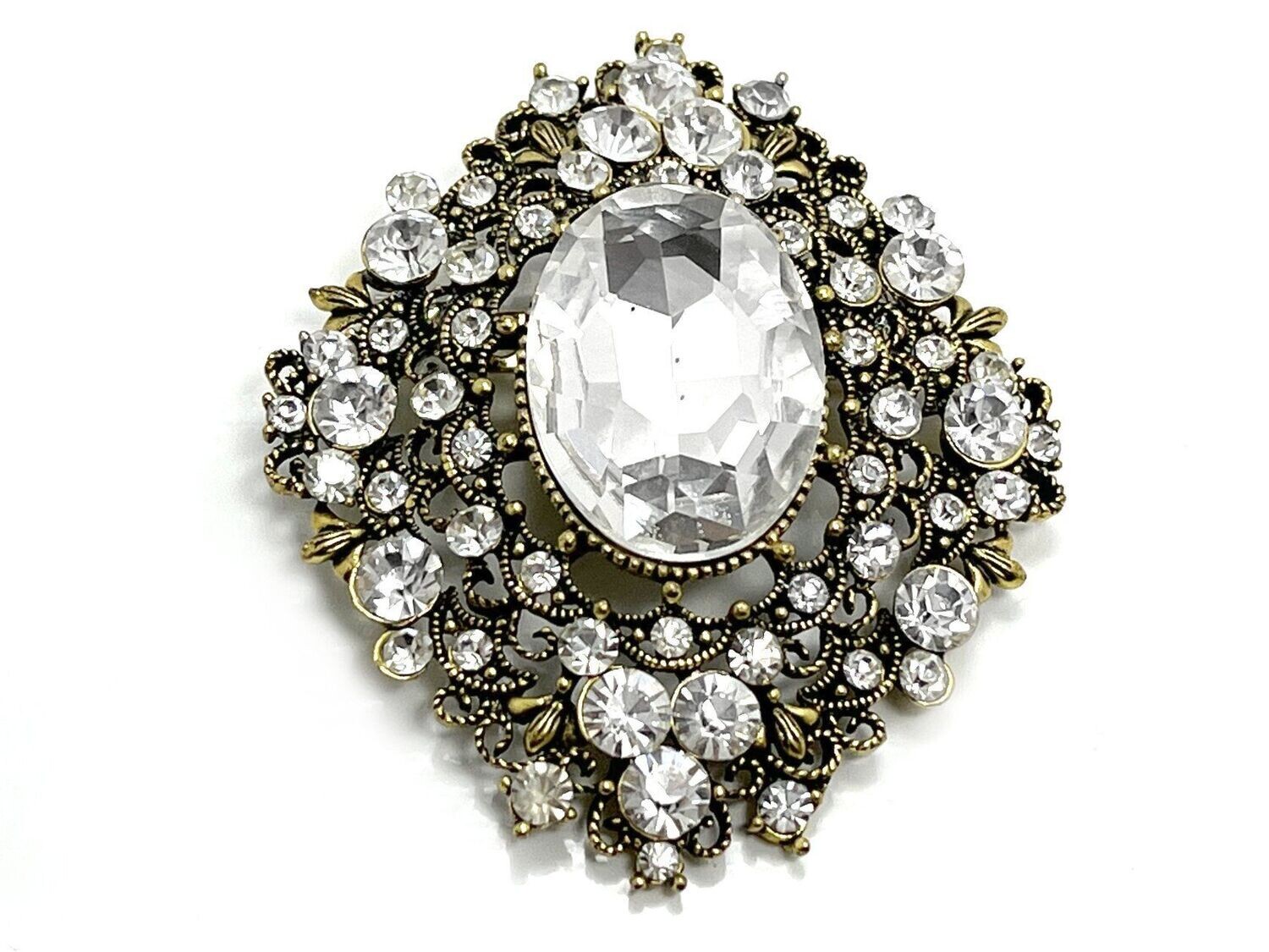 Brosche Anstecknadel Karo gold schwarz mit ovalem und rundem Strass 7cm