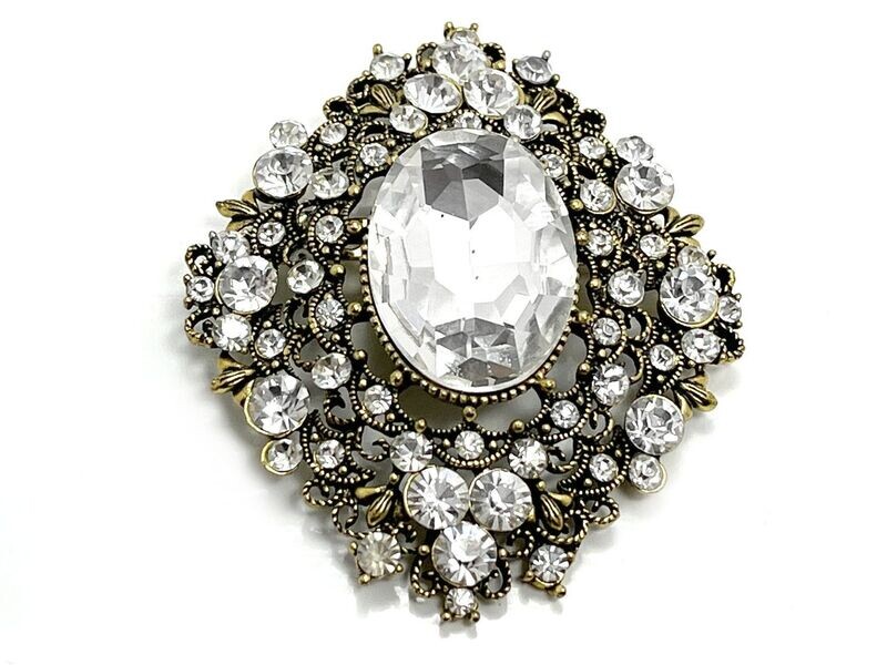 Brosche Anstecknadel Karo gold schwarz mit ovalem und rundem Strass 7cm Brosche Anstecknadel Karo gold schwarz mit ovalem und rundem Strass 7cm