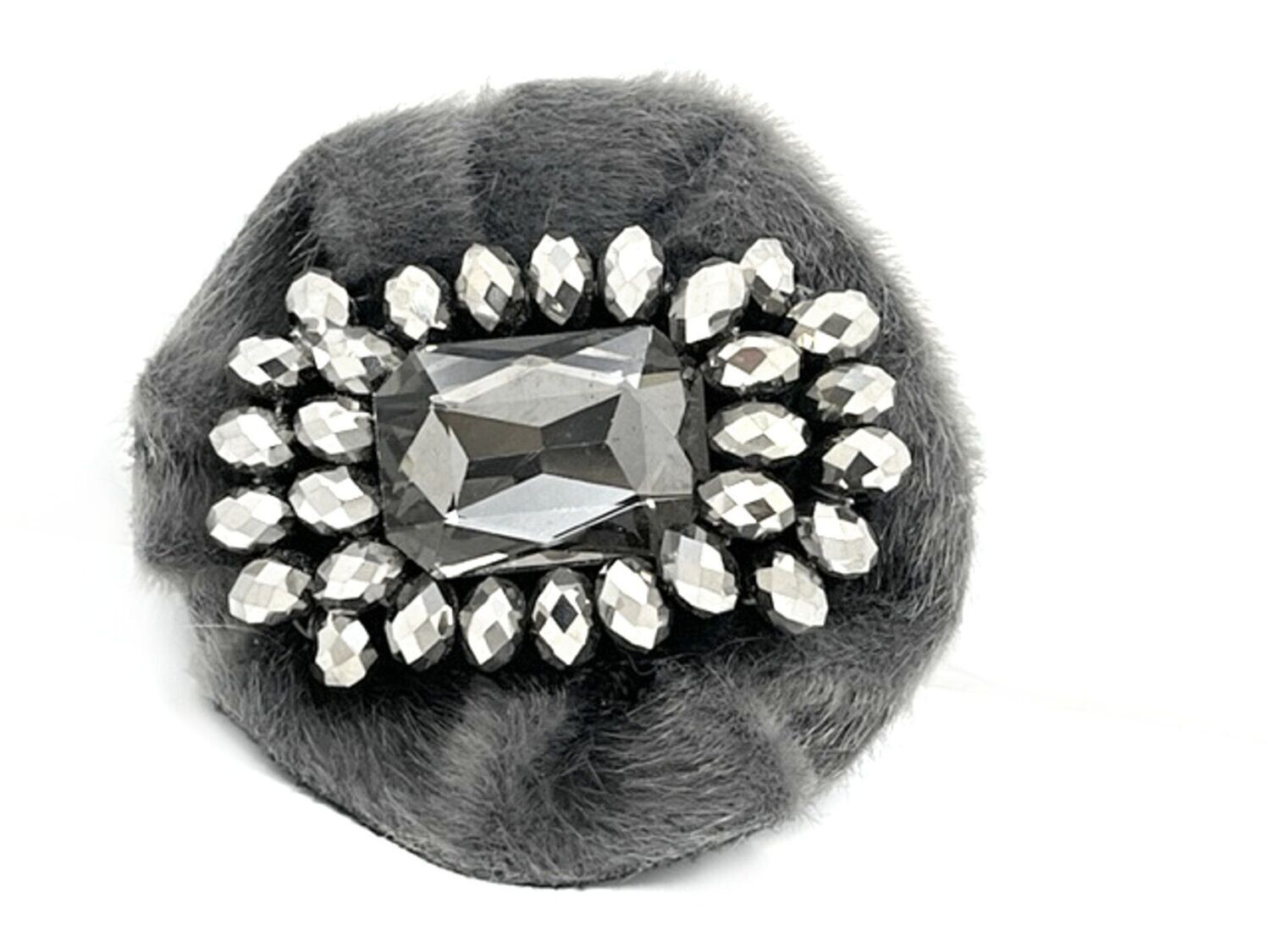 Brosche mit grauem Strass Rechteck Glitzerperlen und Stoffrosette 7x6cm
