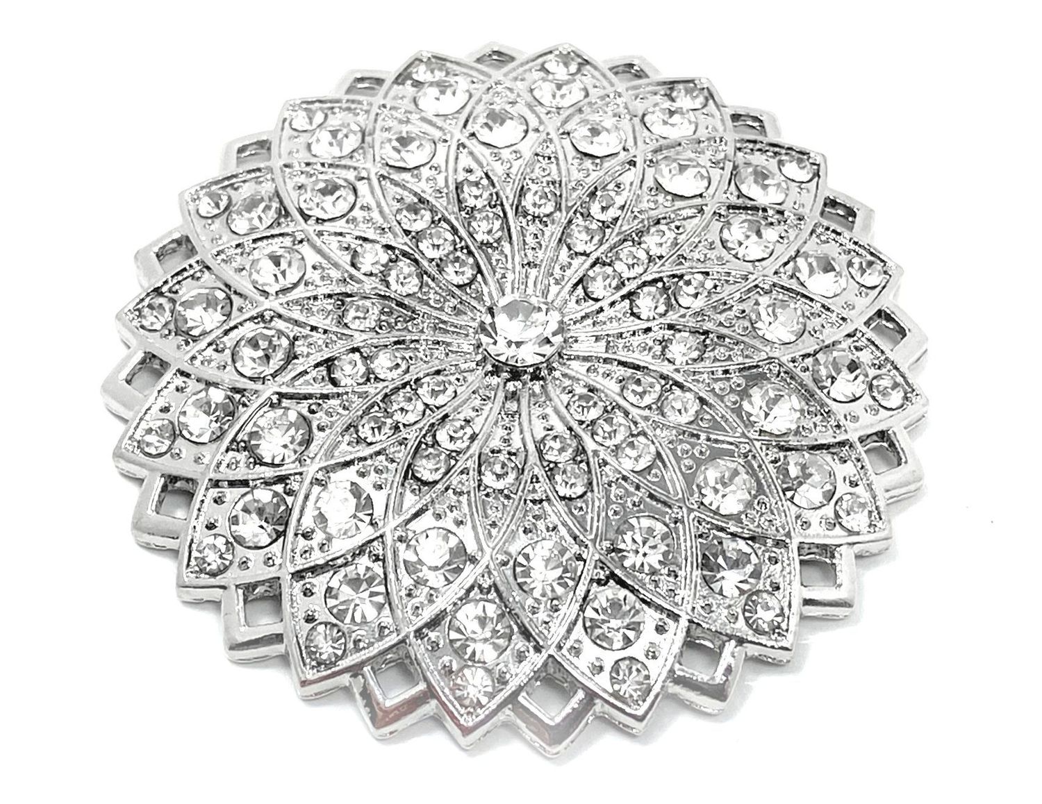 Brosche Schalclip Magnetclip Fantasie Blüte mit klarem Strass Silber 5cm