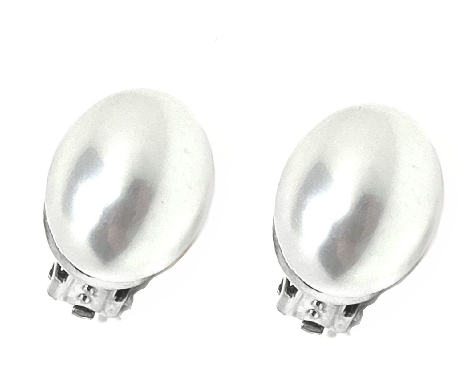 ​1Paar Modeschmuck Clips Ohrringe mit halber weißer Perle Oval Gold Silber 1,8cm