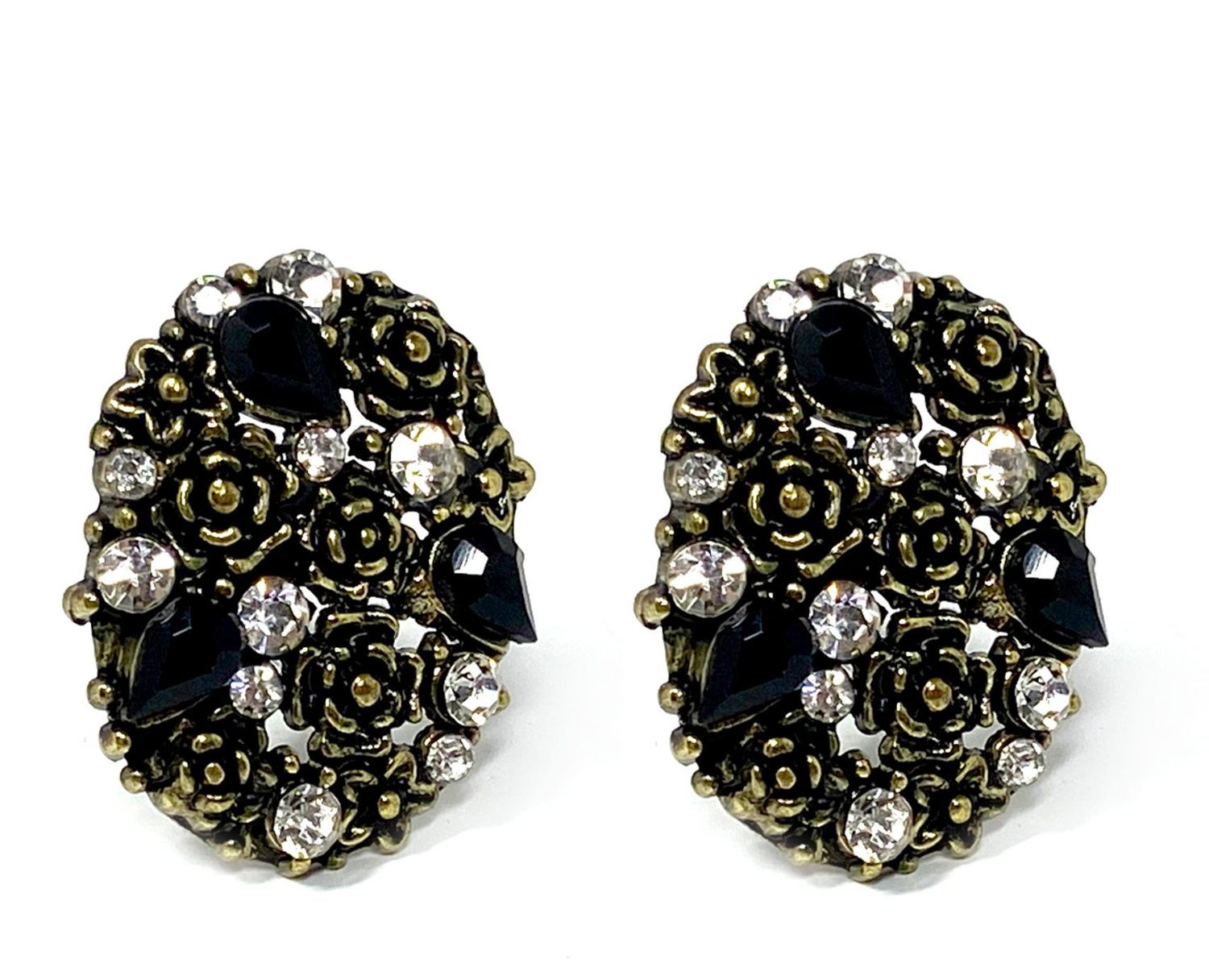 1Paar Modeschmuck Clips Ohrringe Oval mit Strass Schwarz Gold Tropfen 2,5cm