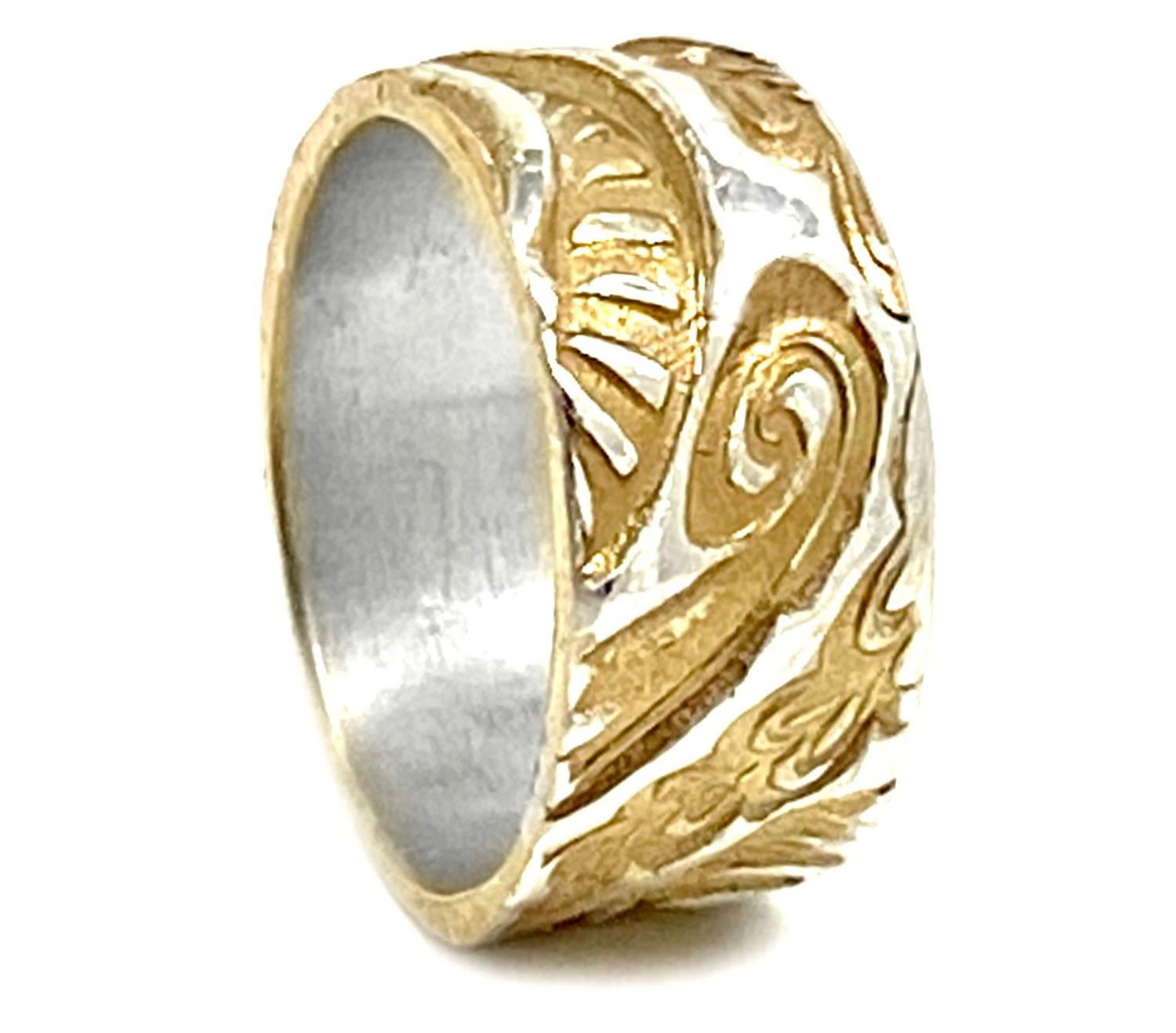 999Feinsilber Bandring Fantasie Handarbeit mit 999Feingold vergoldet Bicolor