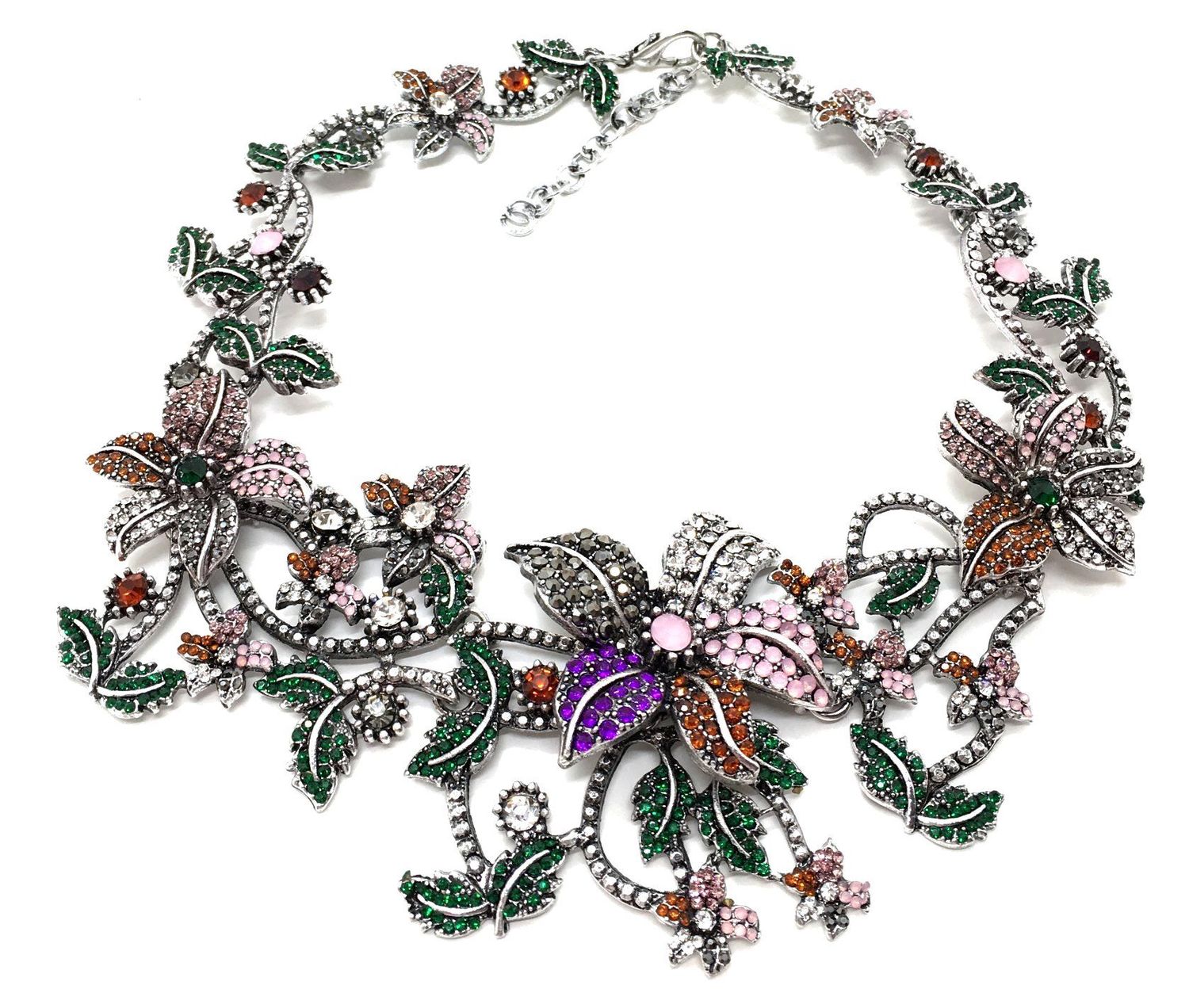 Statementkette Halskette mit Blumenmotiv und buntem Strass Silber 50cm