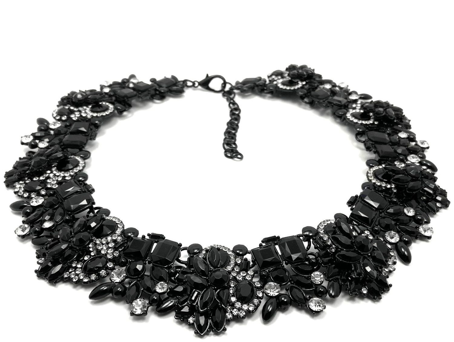 Statementkette Halskette Schwarz mit schwarzem und klarem Strass 50cm