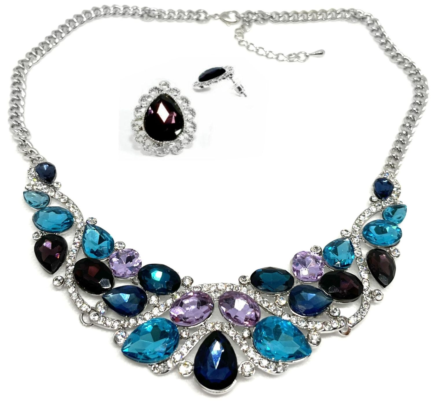 3teiliges Set Halskette und Ohstecker mit klarem, lila und blauem Strass 50cm