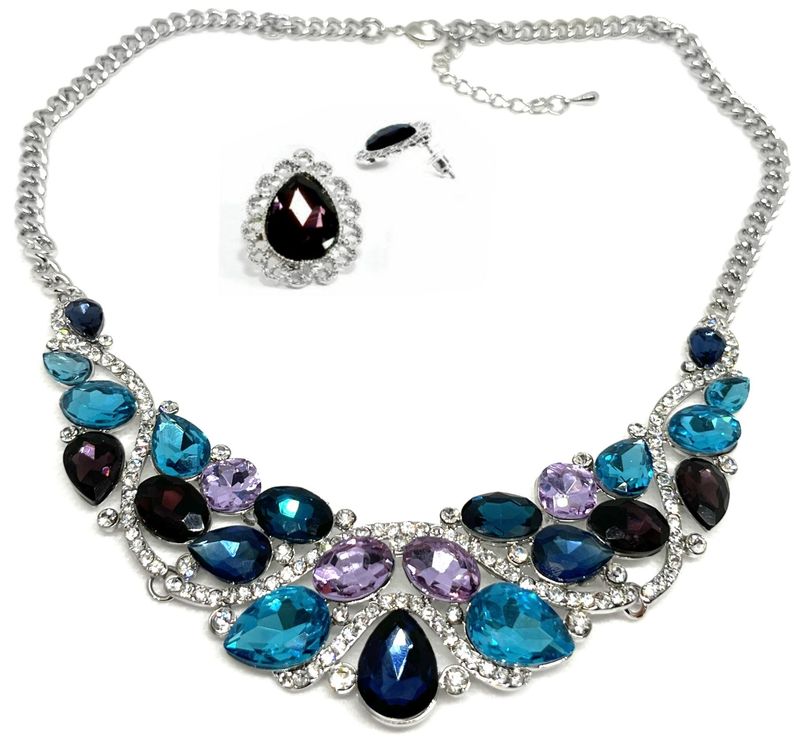 3teiliges Set Halskette und Ohstecker mit klarem, lila und blauem Strass 50cm 3teiliges Set Halskette und Ohstecker mit klarem, lila und blauem Strass 50cm