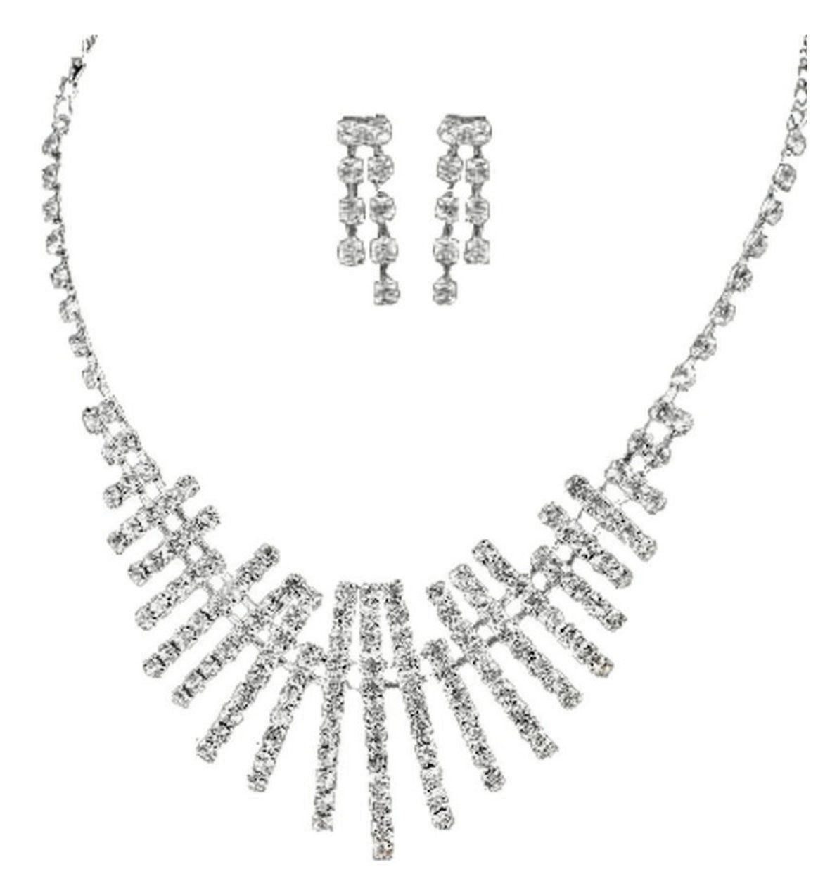 3teiliges Modeschmuck Set Halskette und Ohrringe Strass Silber 50cm