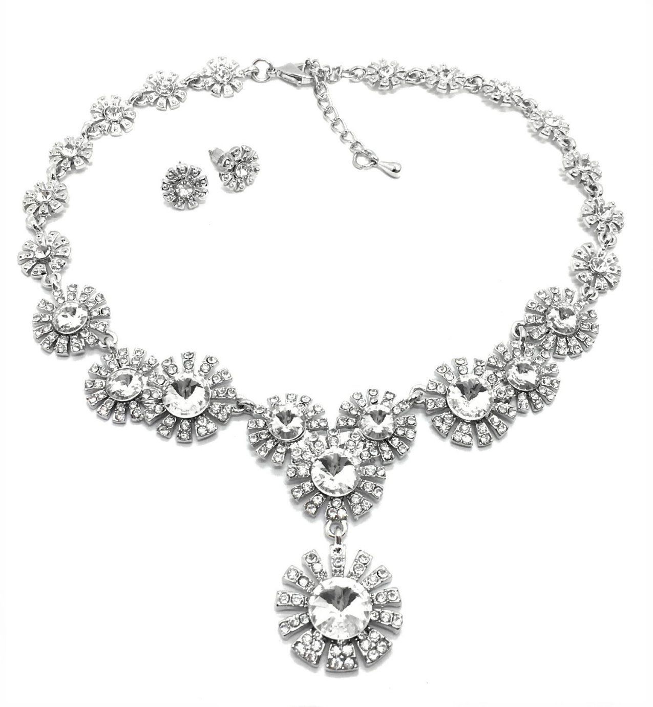 3teiliges Set SUN Halskette und Ohrringe mit Strass 45cm Silberfarben