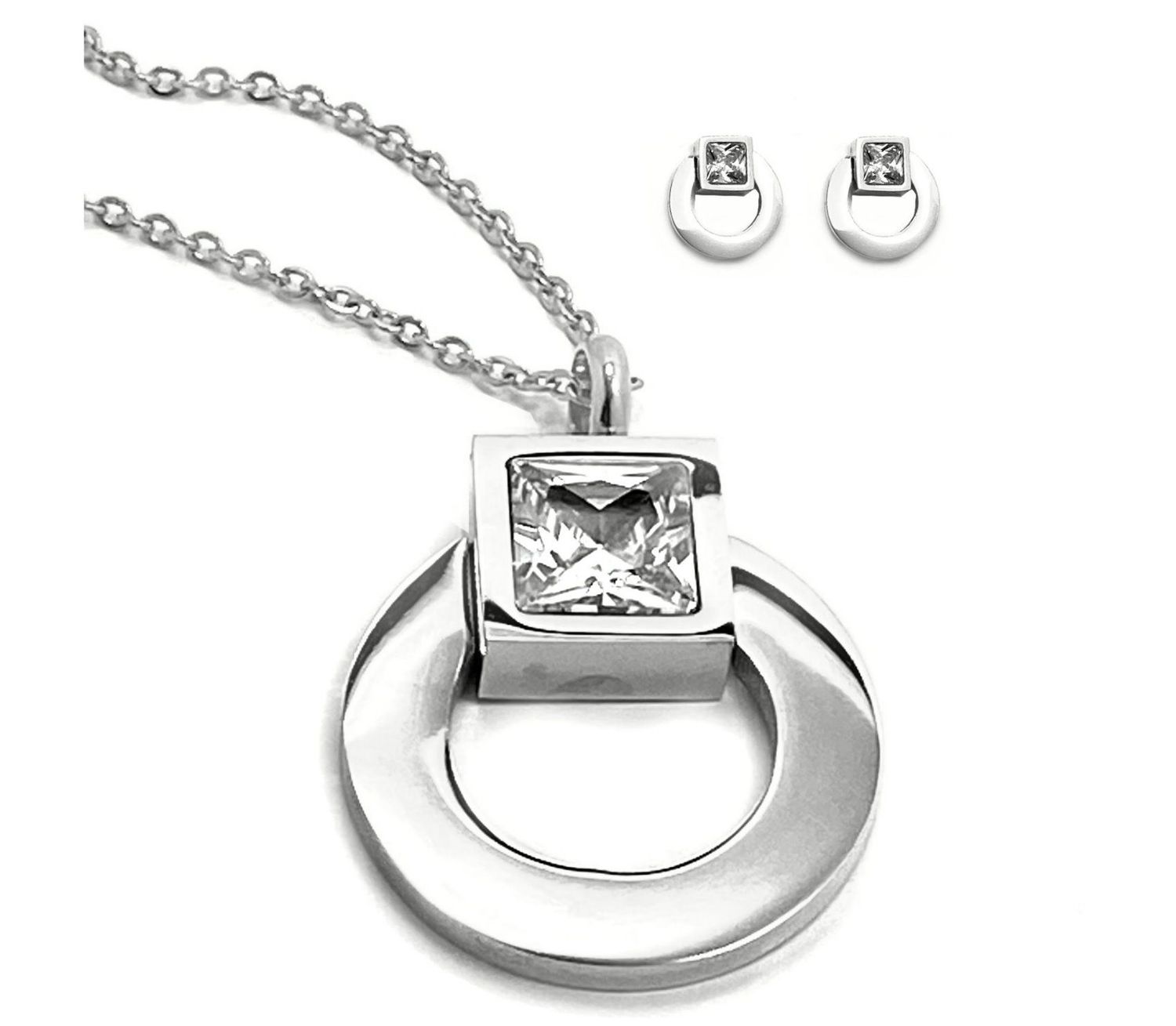 4teiliges Edelstahlset Kreis mit qadratischem Strass Ohrringe Halskette 55cm