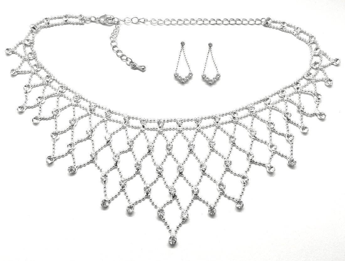 3teiliges Modeschmuck Set Halskette und Ohrringe Strass Netz 45cm
