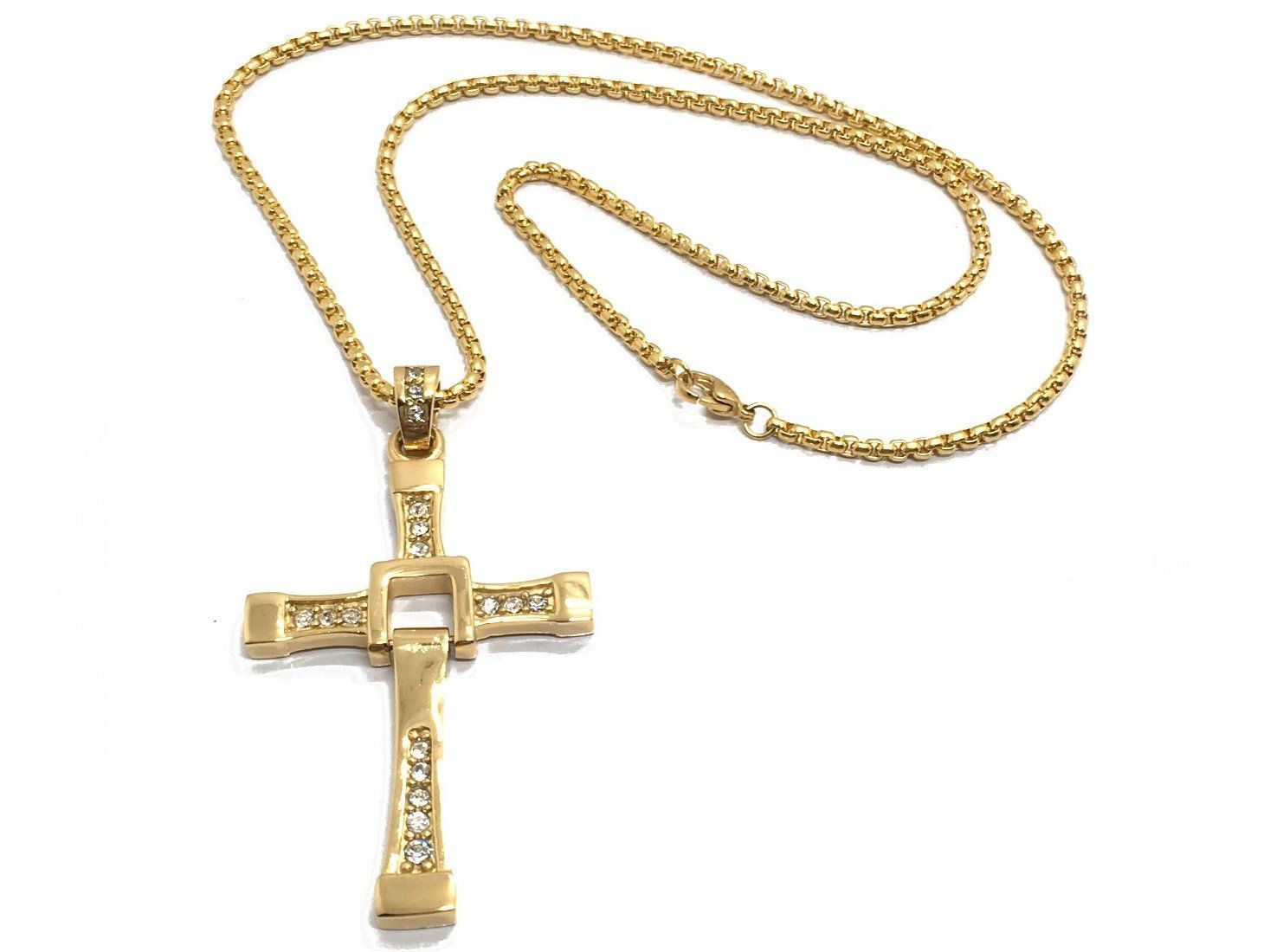 Edelstahl Halskette mit Kreuz und Strass Gold od Silber 60cm