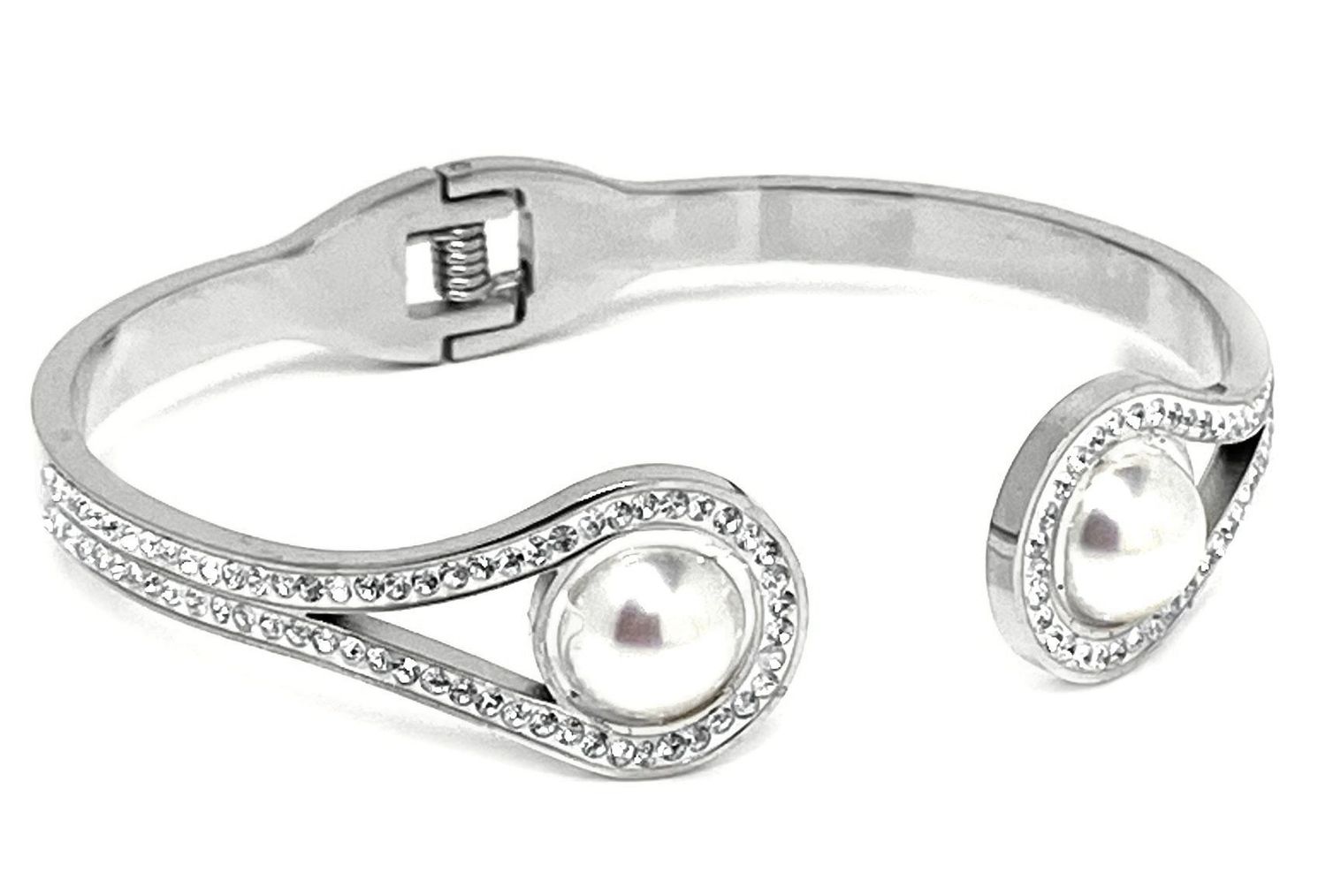 Offene Edelstahl Armspange Armreif mit halber Perle und Strass 1,5cm breit