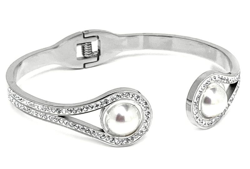 Offene Edelstahl Armspange Armreif mit halber Perle und Strass 1,5cm breit Offene Edelstahl Armspange Armreif mit halber Perle und Strass 1,5cm breit