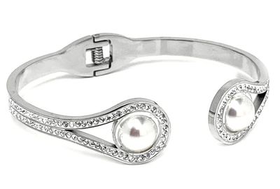 Offene Edelstahl Armspange Armreif mit halber Perle und Strass 1,5cm breit Offene Edelstahl Armspange Armreif mit halber Perle und Strass 1,5cm breit