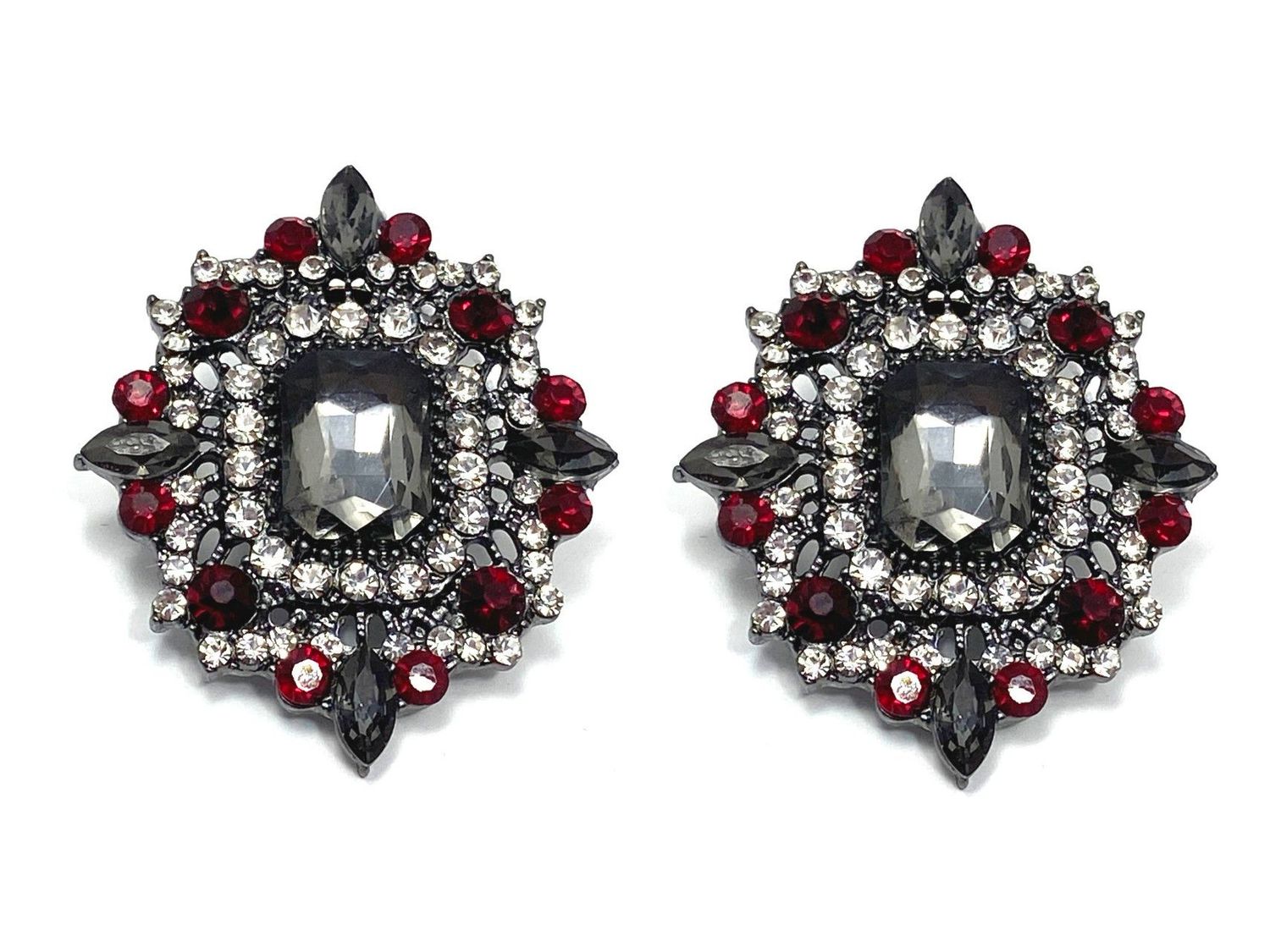 1 Paar Statement Clips Ohrringe mit Strass Rot Granat Klar Grau Karo 4,5cm