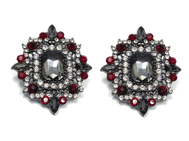 1 Paar Statement Clips Ohrringe mit Strass Rot Granat Klar Grau Karo 4,5cm