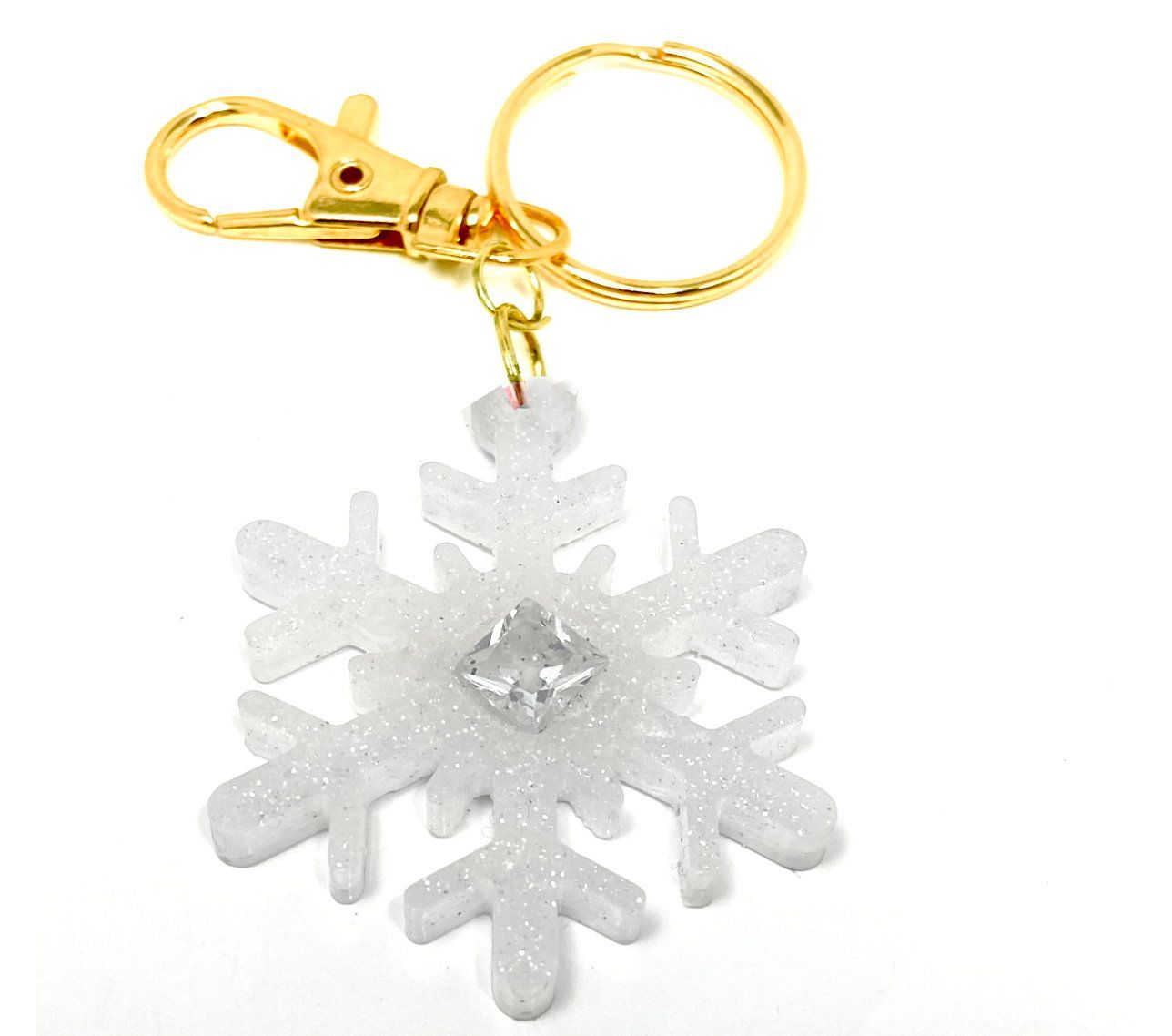 Taschenanhänger Schlüsselanhänger SNOWFLAKE mit Strass und Glitzer Karabiner Gold 8cm