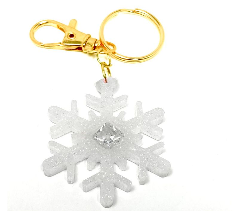 Taschenanhänger Schlüsselanhänger SNOWFLAKE mit Strass und Glitzer Karabiner Gold 8cm