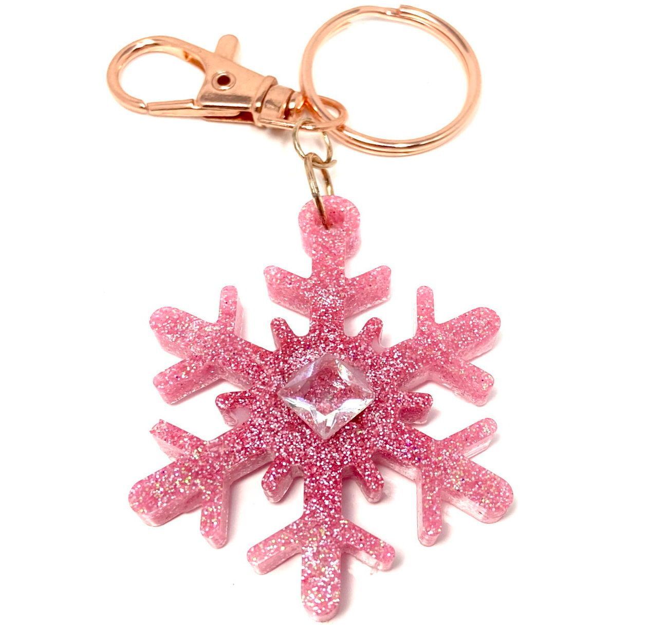 Taschenanhänger Schlüsselanhänger SNOWFLAKE mit Strass und Glitzer Karabiner Rosegold 8cm rosa