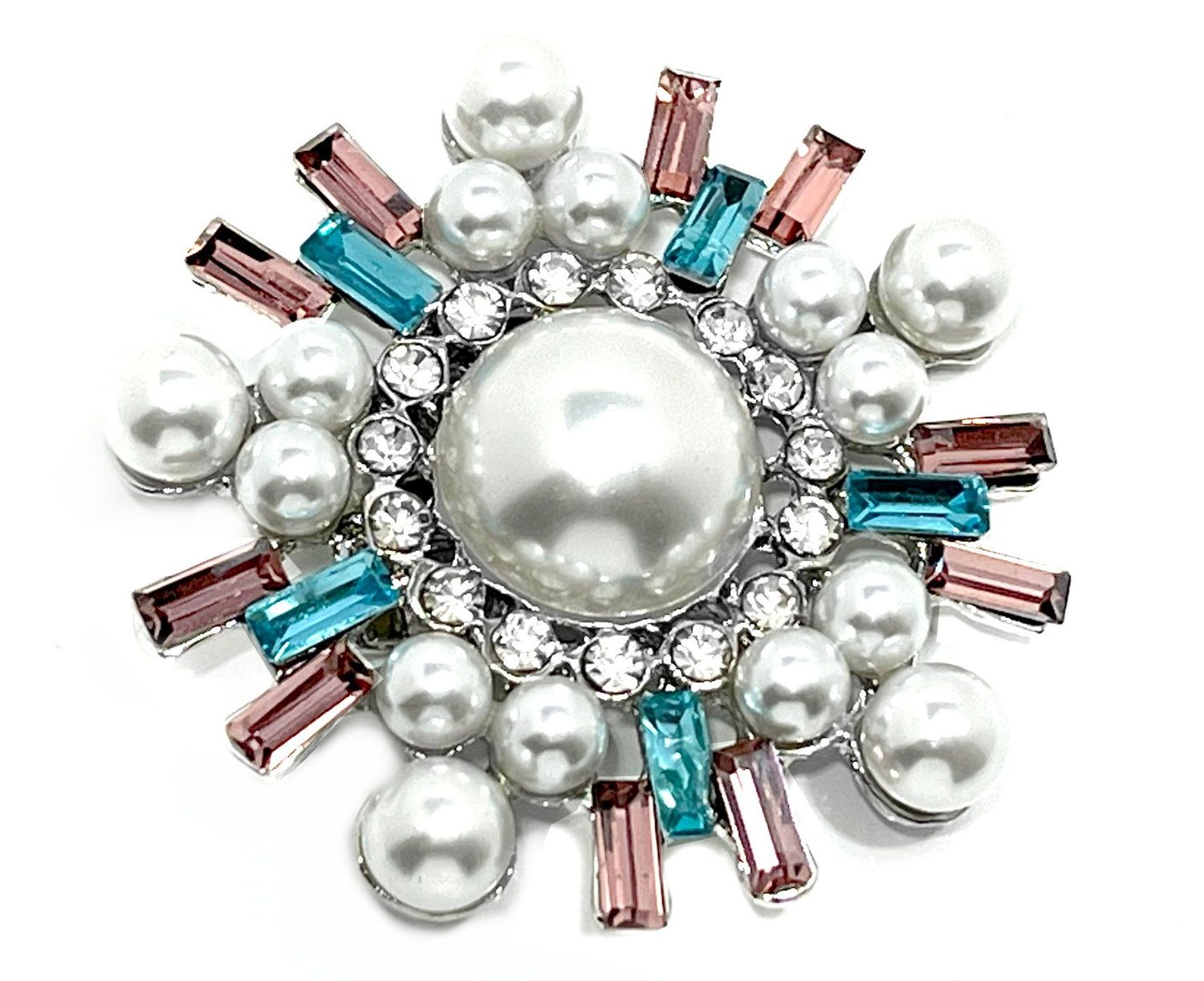 Beyond Diva Brosche Anstecknadel mit Baguetteförmigem Strass und Perlen Blau Rosa Silber 5cm