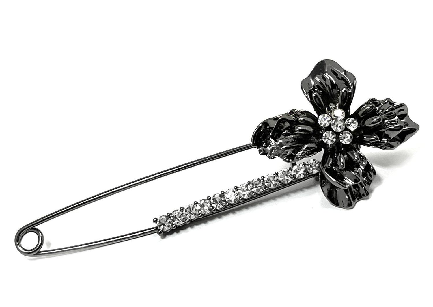 Brosche Anstecknadel Schalnadel mit Blume und Strass schwarz 10cm