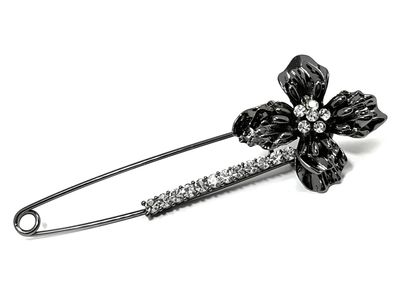 Brosche Anstecknadel Schalnadel mit Blume und Strass schwarz 10cm Brosche Anstecknadel Schalnadel mit Blume und Strass schwarz 10cm