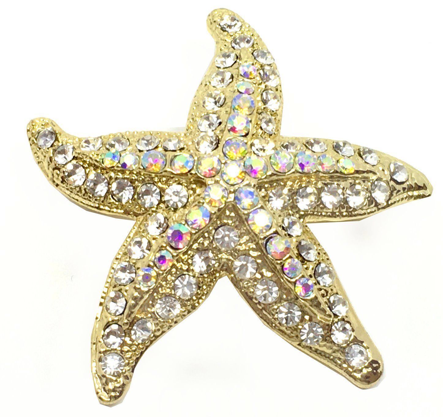 Brosche Anstecknadel Schalnadel Seestern mit Strass irisirend 5cm gold