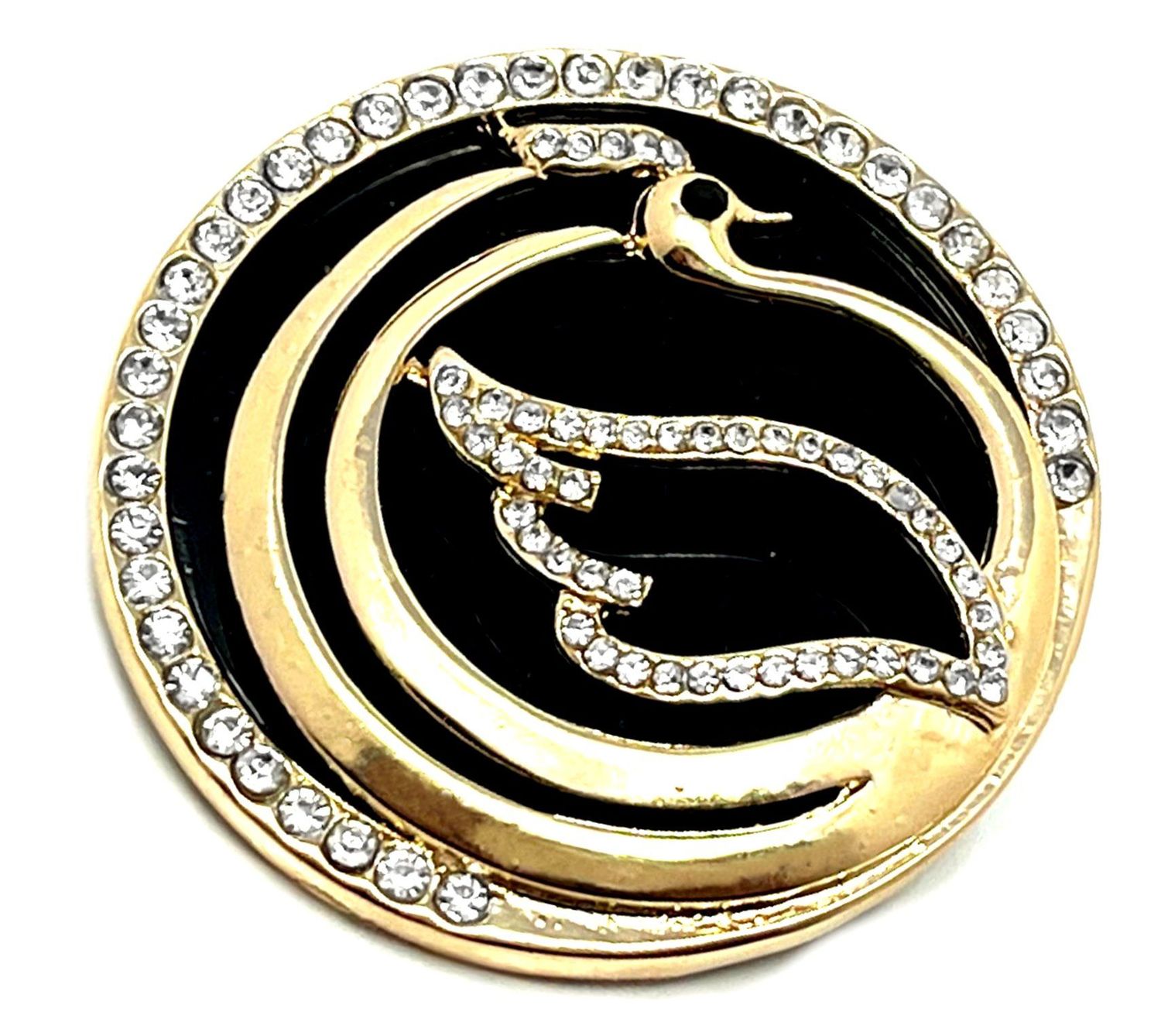 Brosche Anstecknadel Schwan in schwarz - goldfarben mit klarem Strass 5cm