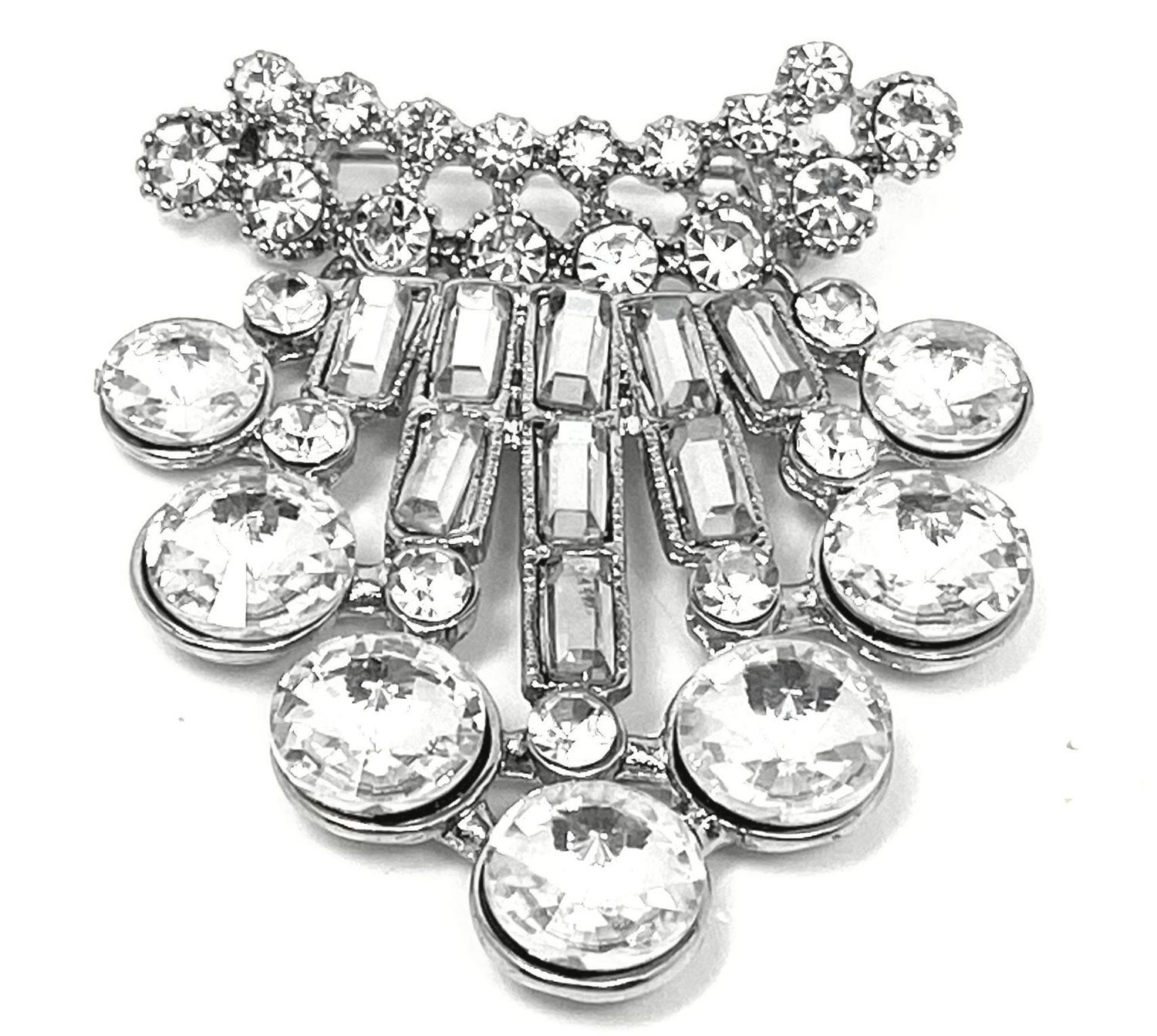 Modeschmuck Brosche Anstecknadel mit Baguette und rundem Strass 5x5,5cm