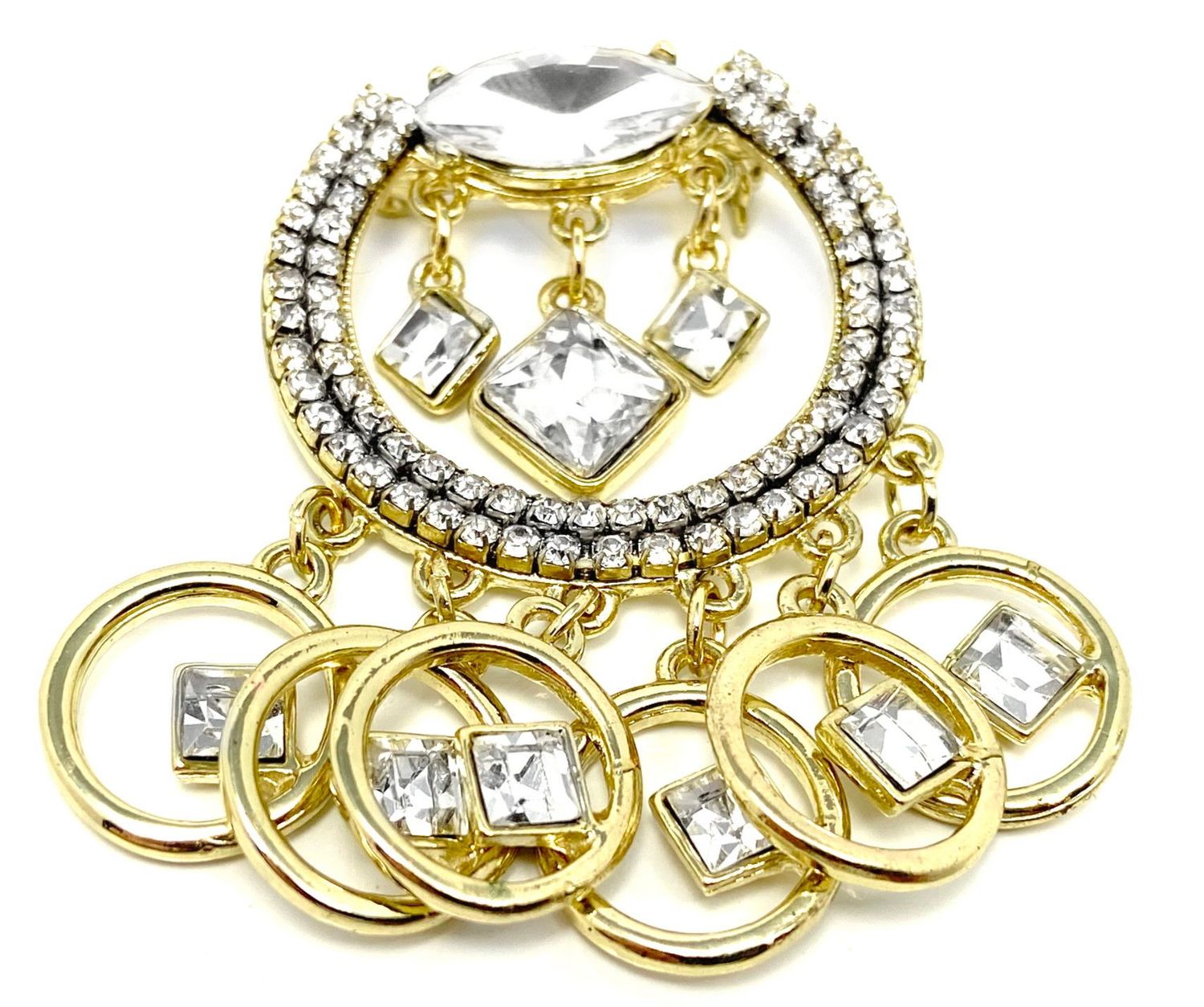 Modeschmuck Brosche Anstecknadel mit Ringen und quadratischem Strass 4,5cm breit gold