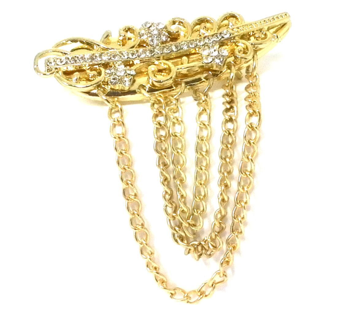 Modeschmuck Brosche Anstecknadel mit Strass Feder und Kettchen 7x6cm gold