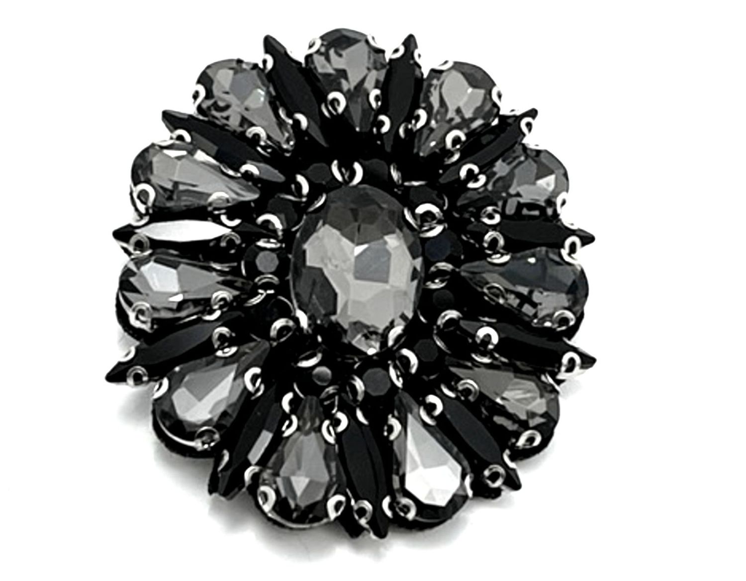 Brosche Anstecknadel klarem Marquise und Tropfen in grau schwarzem Strass 6cm