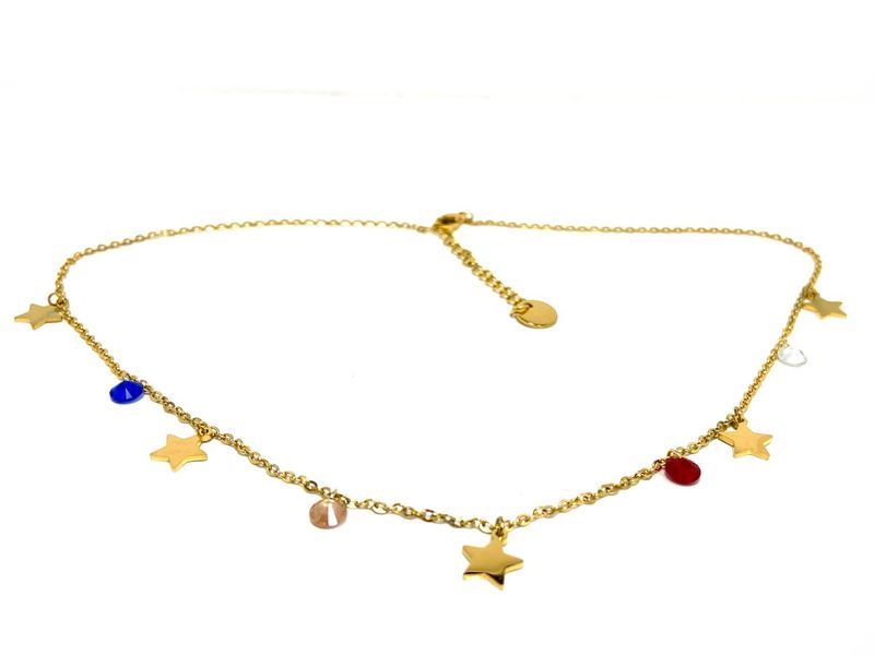 Edelstahl Halskette Gold mit bunten Steinen und Anhänger Stern Layer Look 45cm