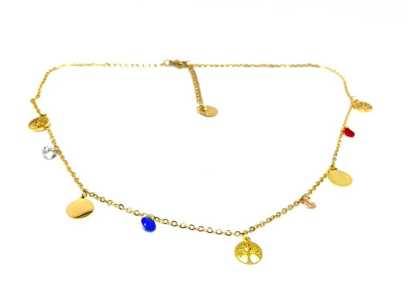 Edelstahl Halskette Gold mit bunten Steinen und Anhänger Lebensbaum Layer Look 45cm