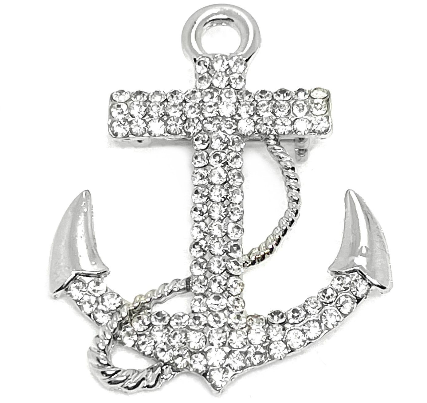 Brosche Anstecknadel Anker silberfarben mit klarem Strass 6,5cm