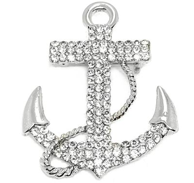 Brosche Anstecknadel Anker silberfarben mit klarem Strass 6,5cm