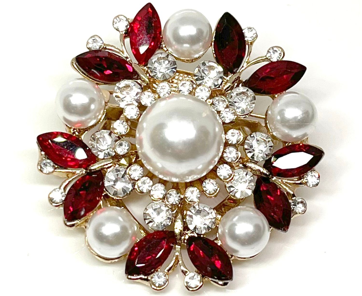 Brosche Anstecknadel Schalclip Blüte mit Perle und Strass 4x4cm Rot Gold